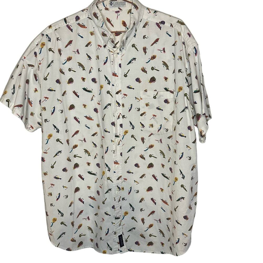 Vintage Columbia White Fish Lure Design Short Sleeve Button Down Shirt Size M